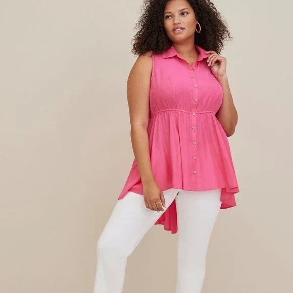 Torrid Babydoll Poplin Button-Front Hi-Low Shirt Sleeveless Pink - Picture 3 of 6